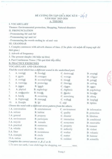 Đề cương ôn tập Giữa kì 2 Tiếng Anh 8 năm 2025–2026 trường THCS Thọ Lộc (Hà Nội)